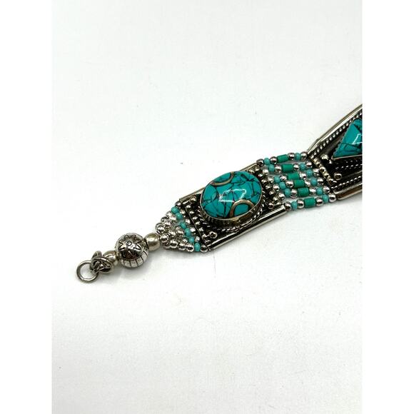 Turquoise & Coral Tibetan Silver Bracelet and Turquoise Earrings Set - Picture 3 of 6